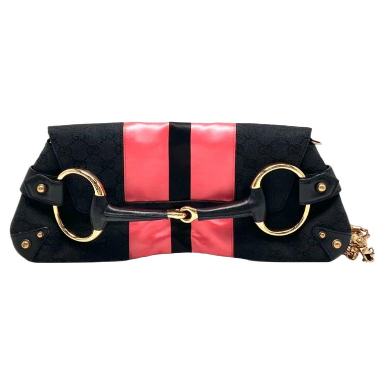 Gucci Horsebit 1955 Chain Large Shoulder Bag Black Monogram with Pink Silk