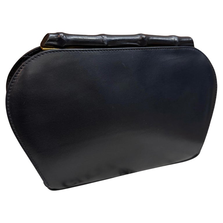 1980s Vintage GUCCI Calfskin Leather Bamboo Clutch Bag Navy