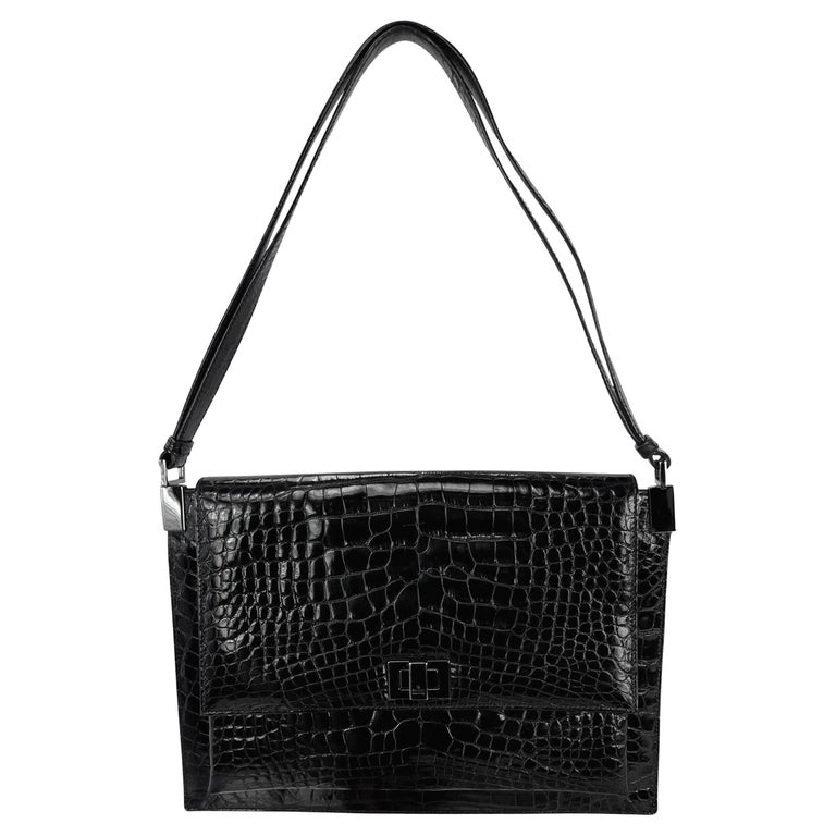 1998 Gucci by Tom Ford Genuine Alligator Skin Glossy Black Flat Shoulder Bag