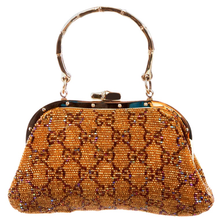 Rare GUCCI Iconic Golden GG Monogram Beaded Bag Purse with Bamboo Handles