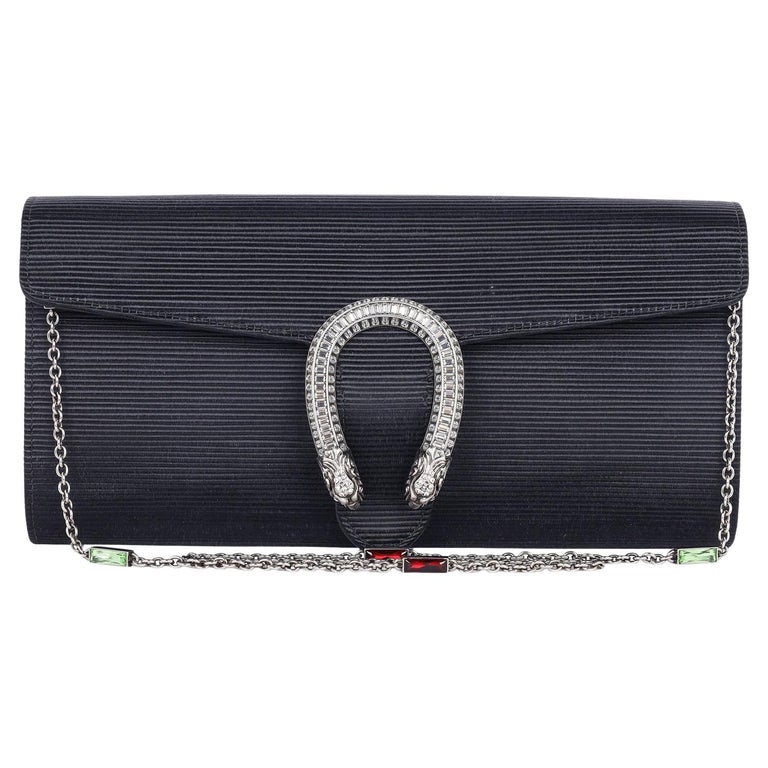 Dionysus Horseshoe Crystal Satin Ribbed Clutch Shoulder Bag Black