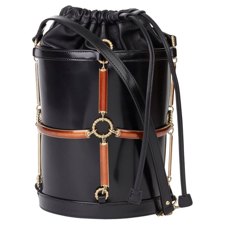 Gucci Black Vinyl, Lambskin & Rust Enamel Bucket Bag