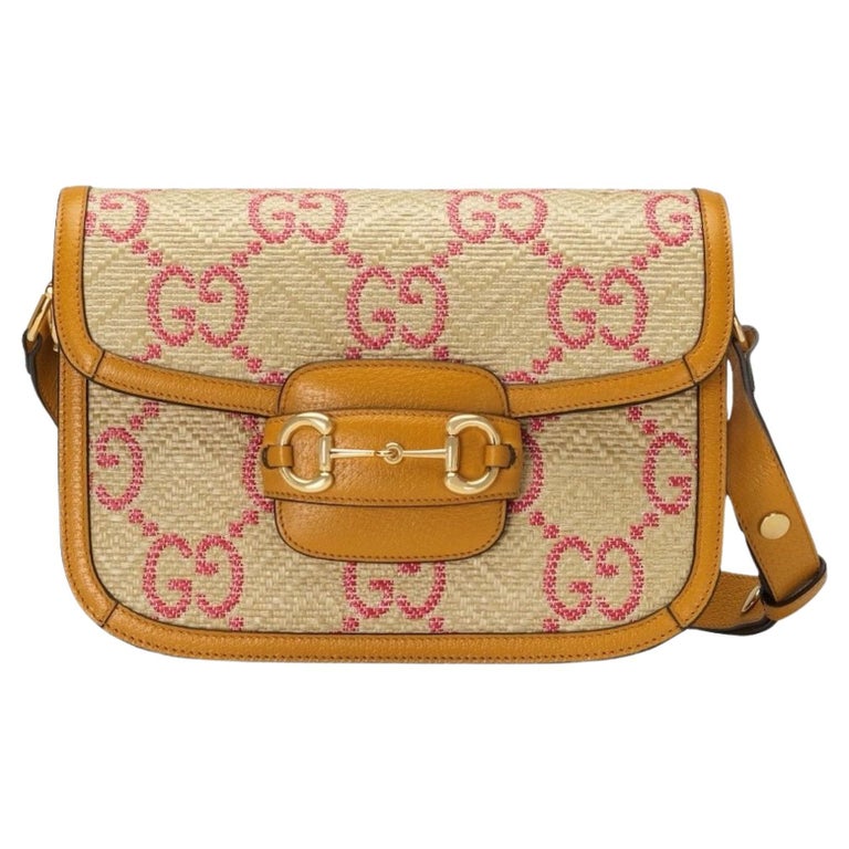 Gucci Horsebit 1955 Pink Raffia Shoulder Bag