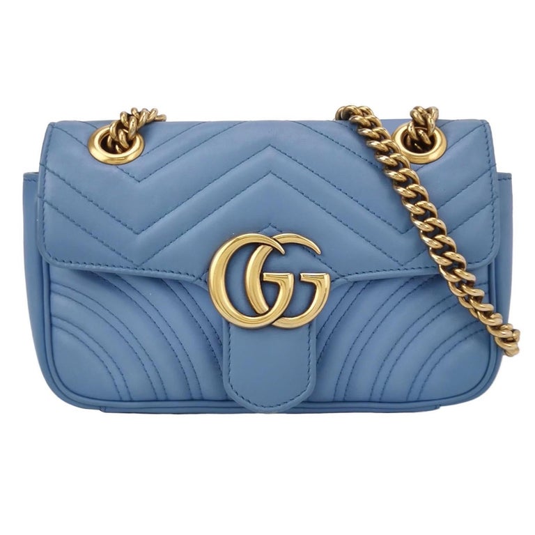 Gucci Marmont Mini Flap Blue Calfskin Leather Handbag Gold Hardware