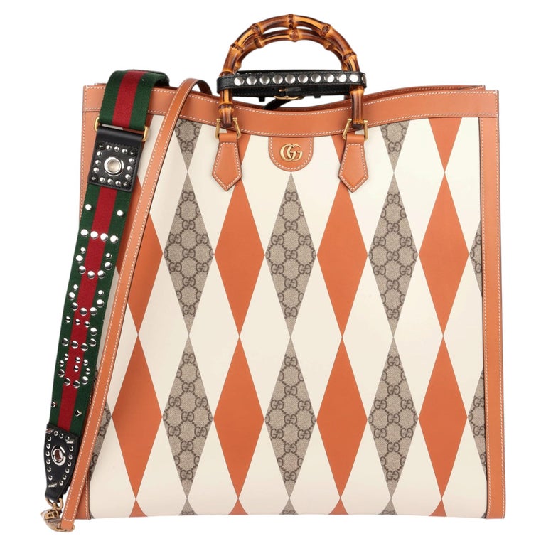 Gucci 2022 Maxi Diana Brown White GG Supreme Canvas Leather Tote Bag