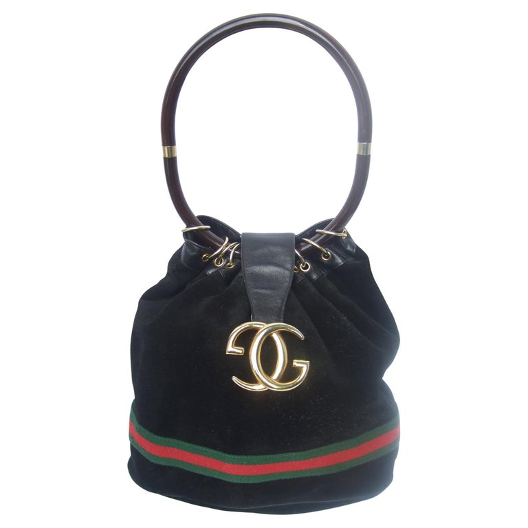 Gucci Italy Extremely Rare Black Suede Amber Resin Lucite Handle Handbag c 1970s
