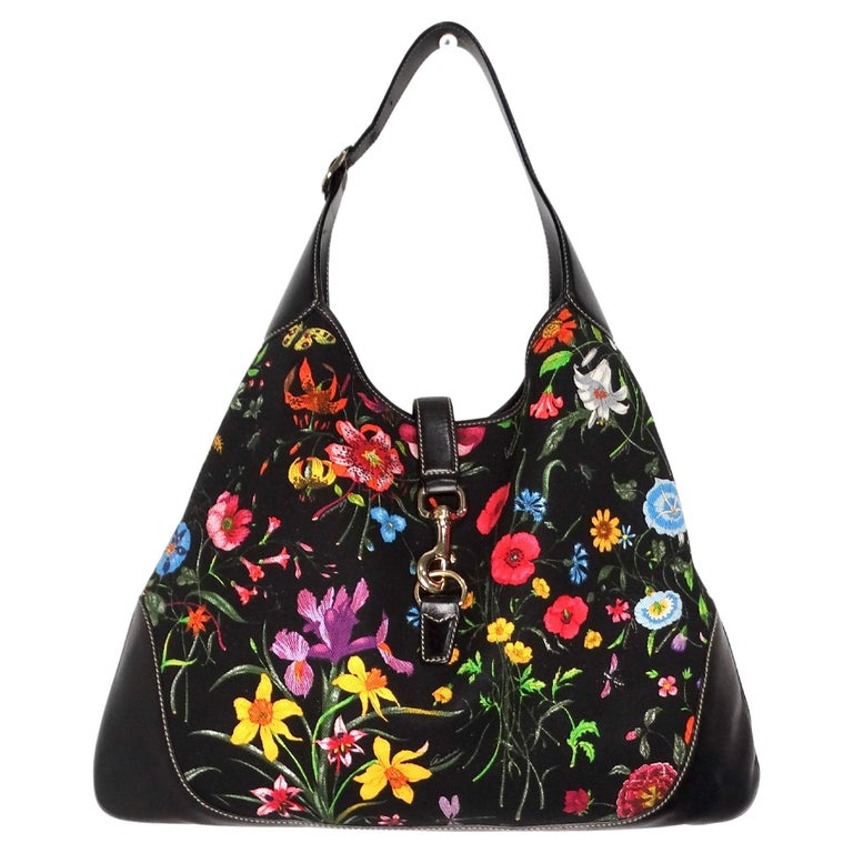 Gucci Large Flora Print Canvas & Black Leather Jackie Hobo Bag