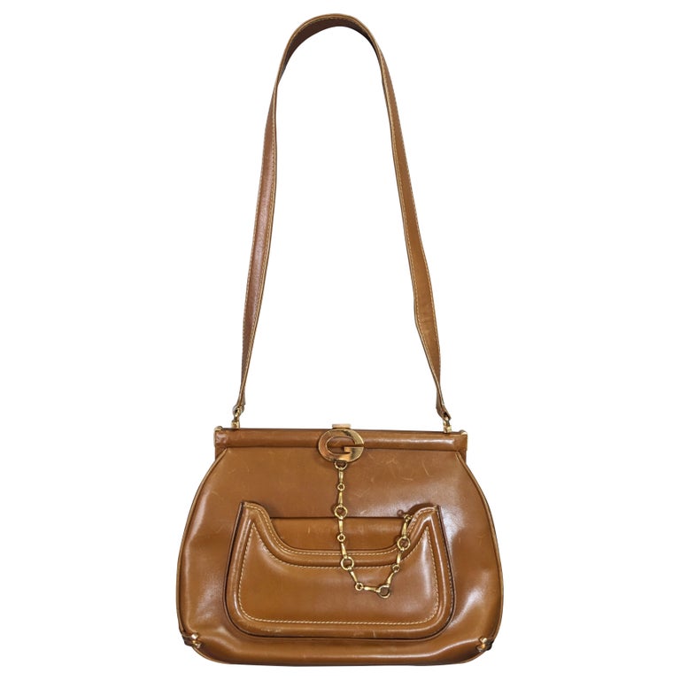 Early Gucci Logo Caramel Leather Shoulder Bag
