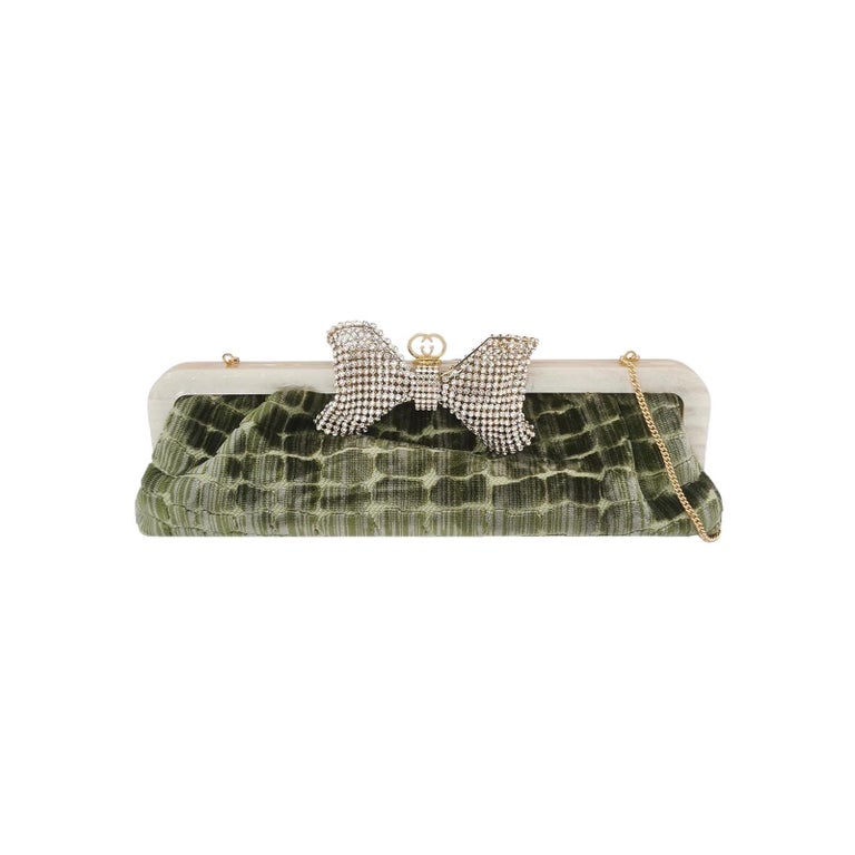 Gucci Crocodile-Pattern Green Velvet Jacquard Handbag Crystal Ribbon Chain Strap