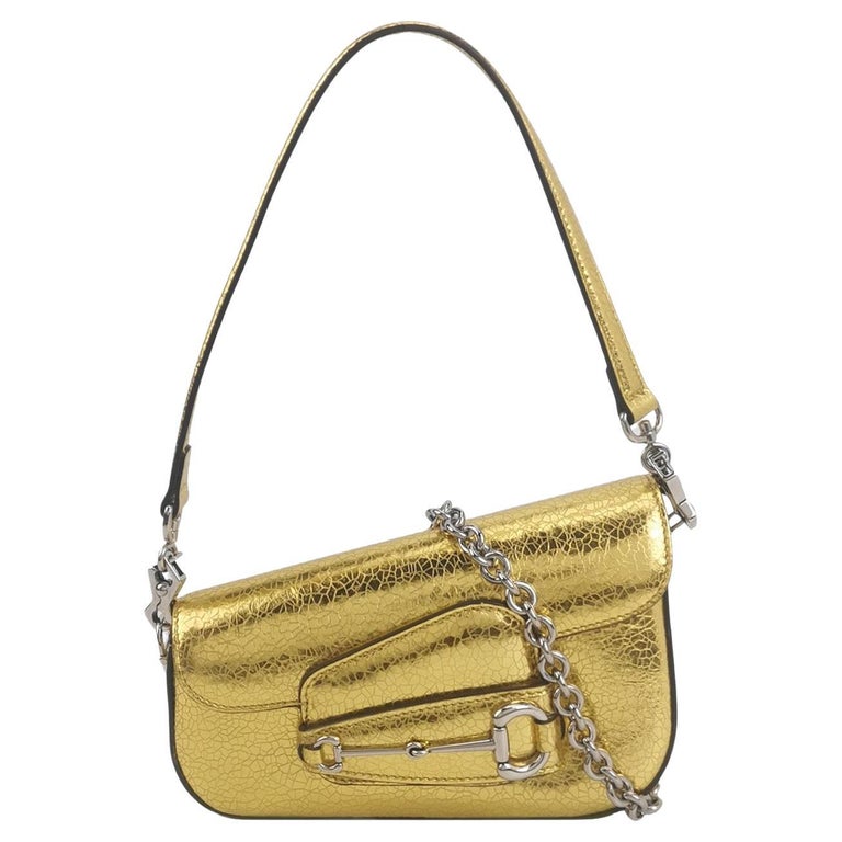 Gucci Horsebit 1955 Crackle Leather Shoulder Bag Gold Metallic