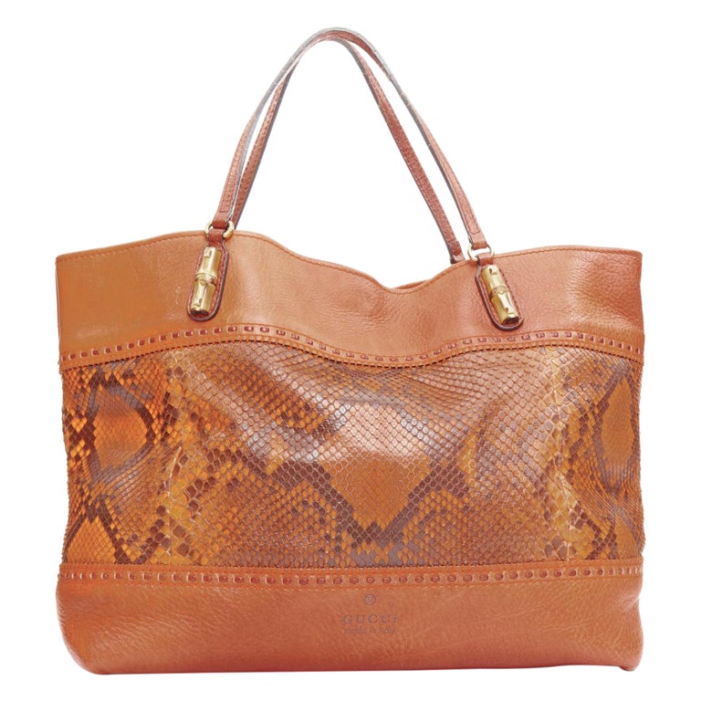 GUCCI Laidback Crafty tan calf leather scaled panel bamboo hardware tote bag