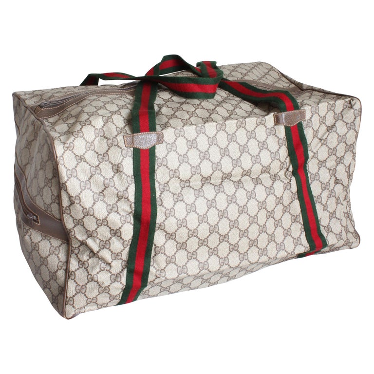 Gucci Duffle Bag GG Monogram Canvas Brown Leather Trim Folding Carry On 80s XL