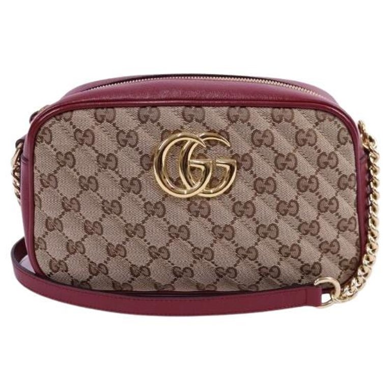 Gucci GG Marmont Small Camera Bag in Beige GG Canvas with Red Leather Trim