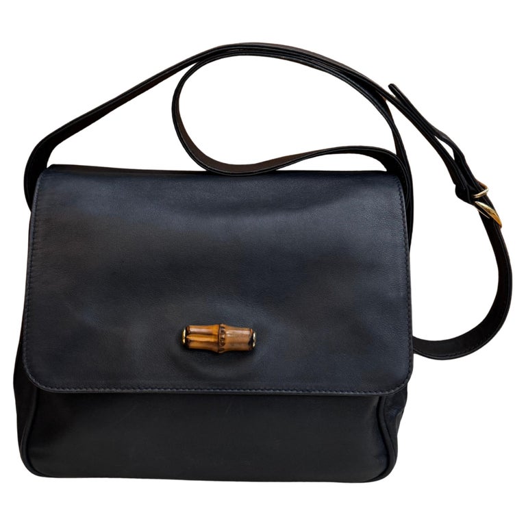 1990s Vintage GUCCI Bamboo Calfskin Camera Bag Navy Unisex