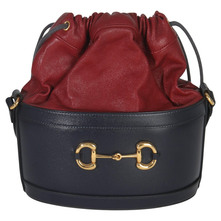 Gucci Red Navy Calfskin Horsebit 1955 Drawstring Bucket Bag