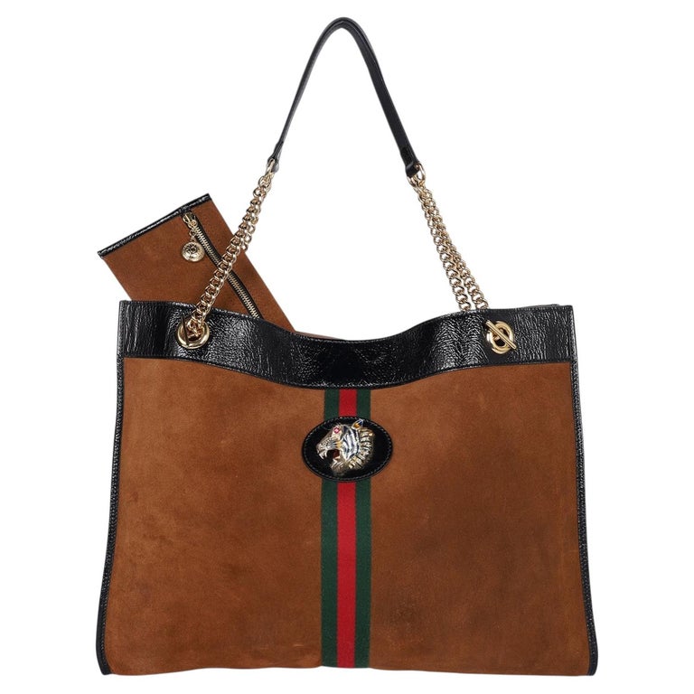 Gucci Women's Suede Patent Large Rajah Chain Tote Bag with Tiger Head