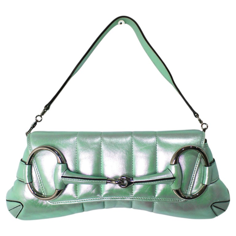 Gucci Iridescent Salvy Green Nappa Vertical Matelasse Horsebit Shoulder Bag