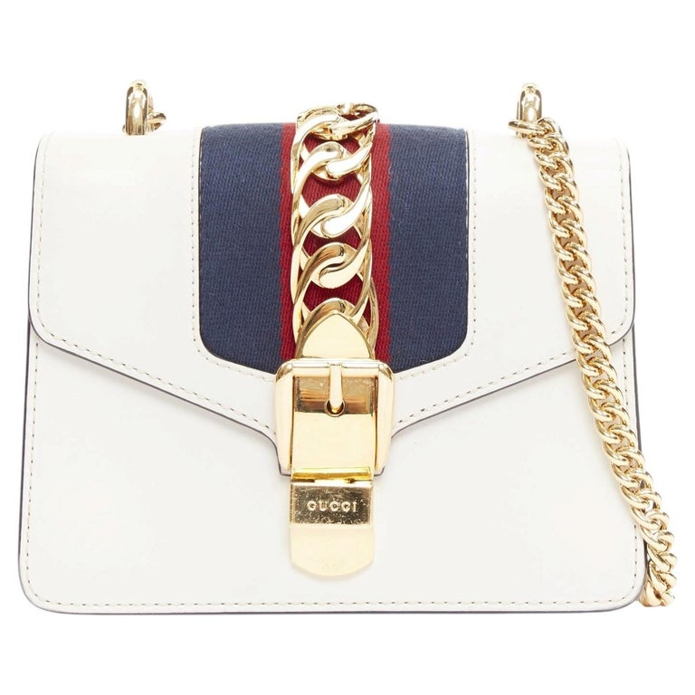 GUCCI Small Sylvie white calf leather navy red web stripe chain shoulder bag