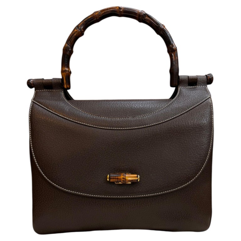 1980s Vintage GUCCI Bamboo Top Handle Leather Handbag Brown