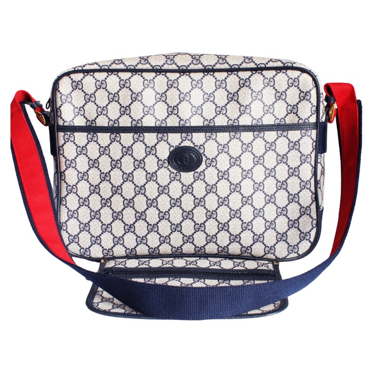 Gucci Vintage 1990s GG Plus Navy Canvas Messenger Bag with Pouch