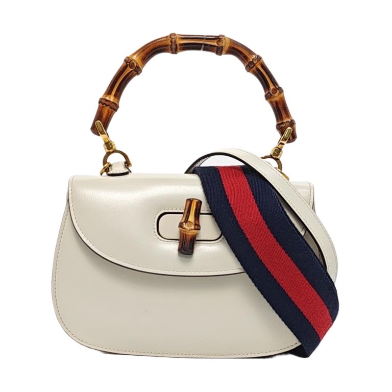 Gucci Bamboo 1947 Top Handle Bag Small White Box Leather Canvas Strap