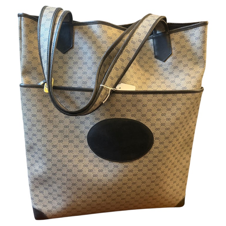 20th Century Gucci Navy Leather and Microguccissima Monogram Canvas Tote Bag