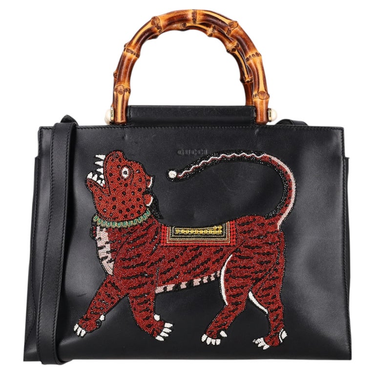Gucci Nymphaea Beaded Tiger & Bamboo Handle Medium Leather Bag