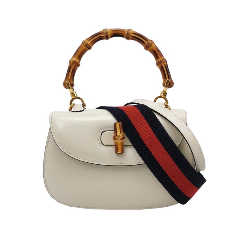 Gucci Bamboo 1947 Top Handle Bag Small White Box Leather Canvas Strap