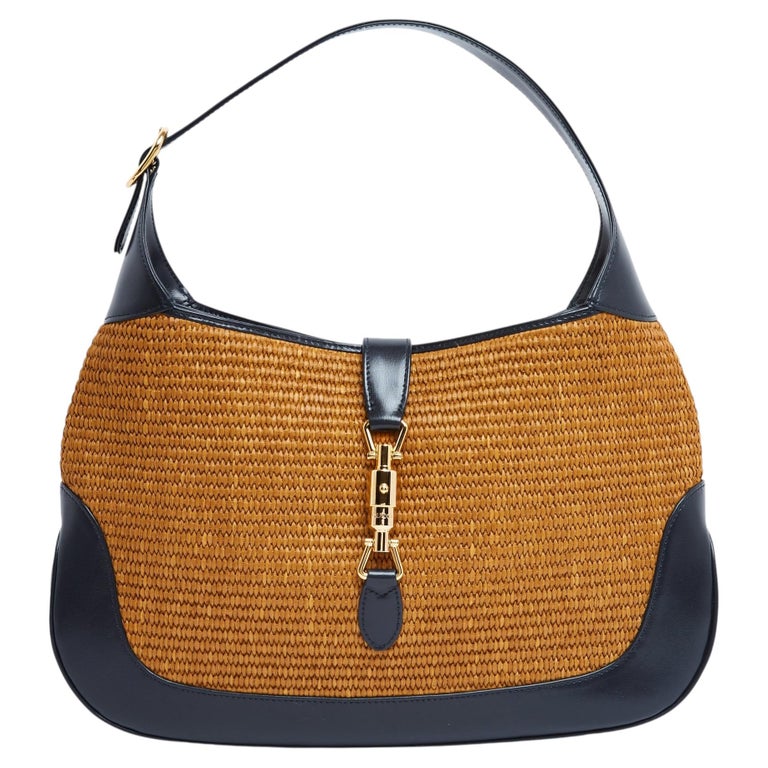 Gucci Sac Marine Rafia Jackie 1961 Medium Navy Leather Natural Raffia Pristine