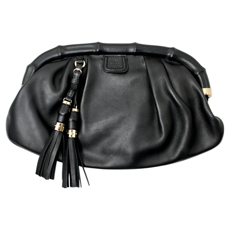 Gucci Bamboo Frame Black Calfskin Leather Clutch