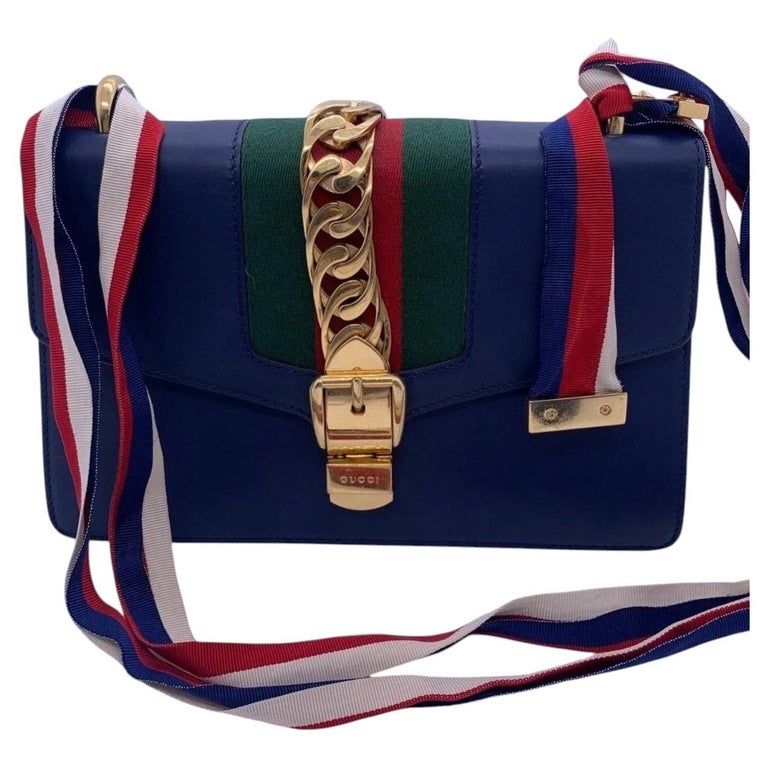 Gucci Sylvie Blue Leather Bag Gold Buckle Web Strap