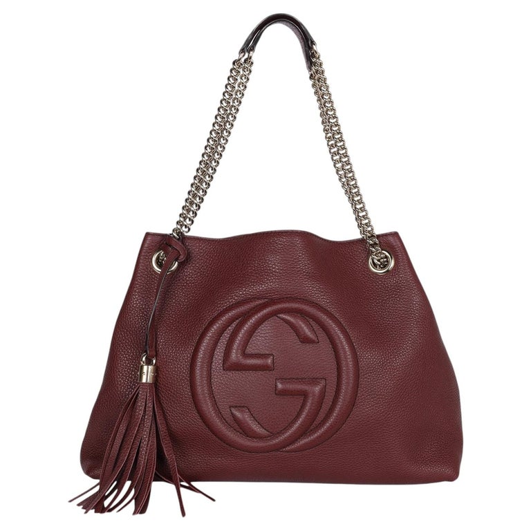 Gucci Soho Tote Bag Burgundy Pebbled Leather with GG Logo & Fringe