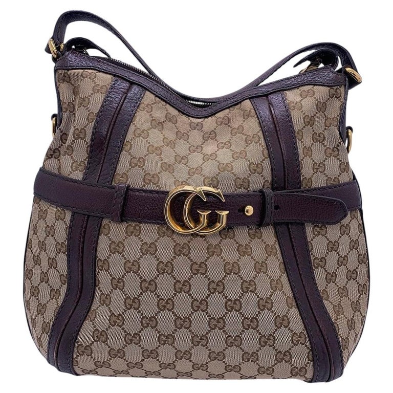 Gucci GG Canvas Marmont Hobo Bag Brown Leather Double G Buckle