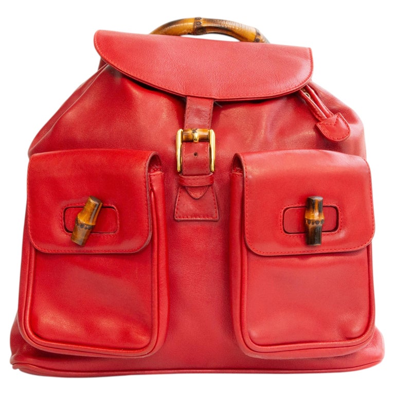 1990s Gucci Red Leather Bamboo Backpack