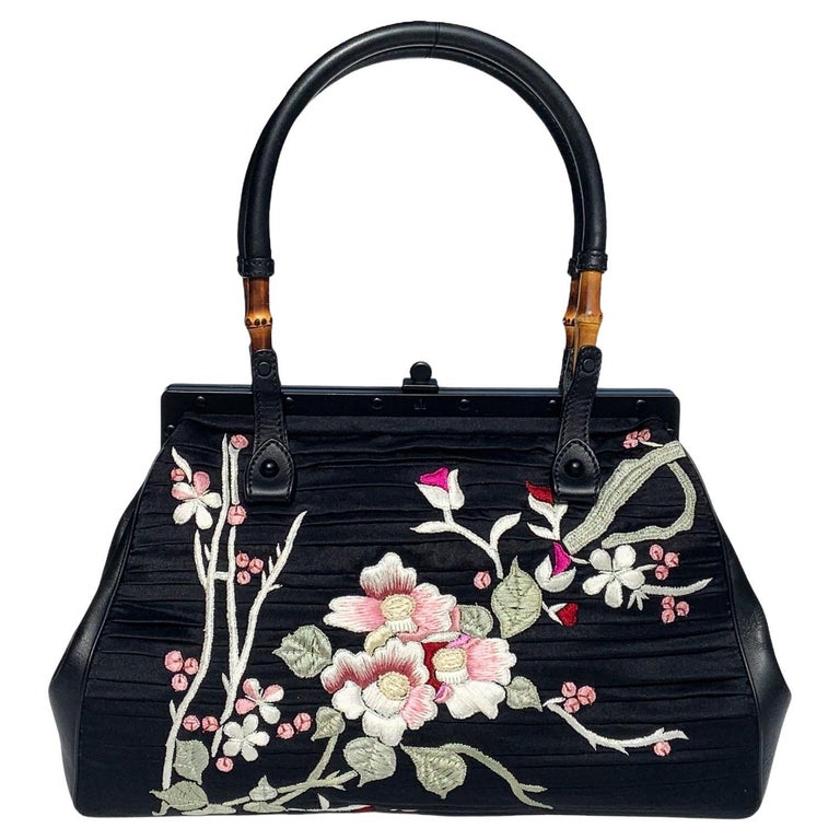 Iconic Tom Ford x Gucci SS 2003 Campaign Black Silk Asian Flowers Embroidery Bag