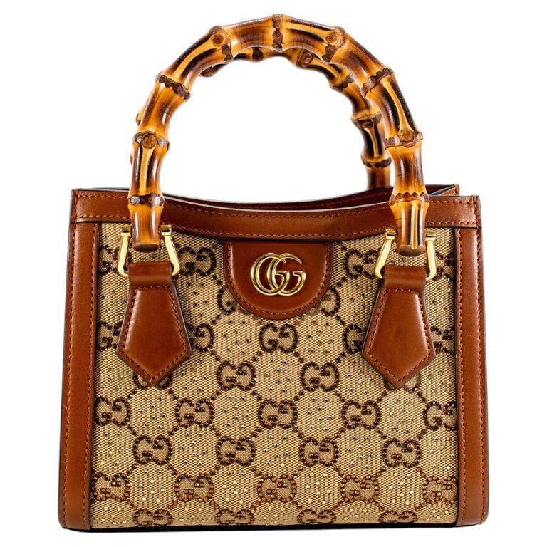 Gucci Diana Crystals Small Gg Canvas Camel Leather Bamboo Handle Tote Bag