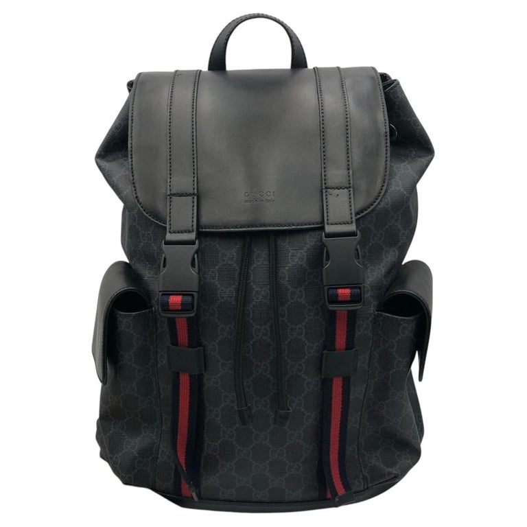 Gucci Soft GG Supreme Black Canvas Leather Web Double Buckle Backpack