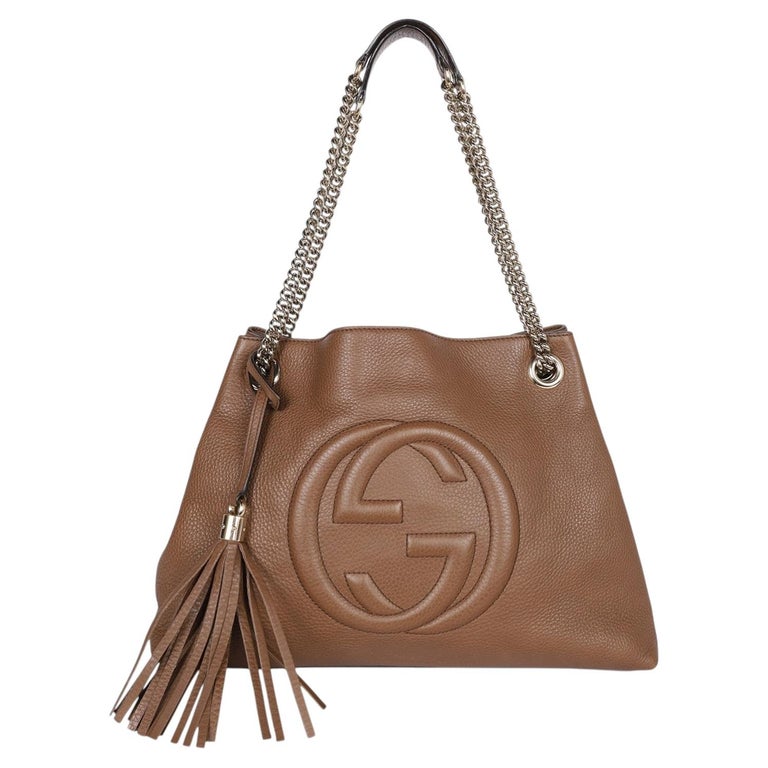 Gucci Soho Tote Bag Brown Pebbled Leather with GG Logo & Fringe Detail