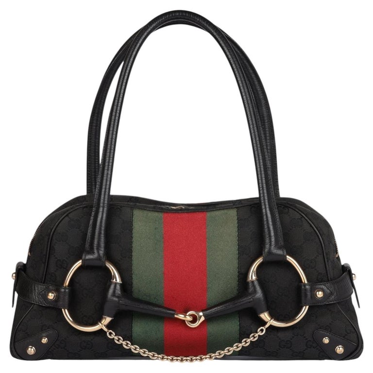 Gucci Black GG Monogram Canvas & Calfskin Leather Web Vintage Horsebit Tote