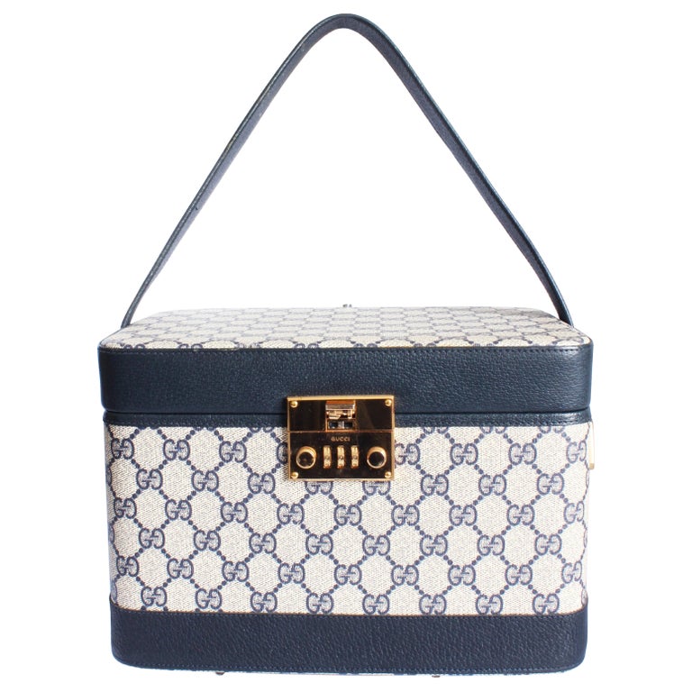 Gucci Vintage 1980s GG Logo Canvas Navy Leather Train Case Travel Bag