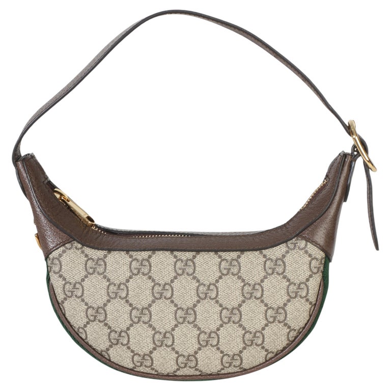 Gucci Beige Brown GG Supreme Monogram Calfskin Web Mini Ophidia Half Moon Hobo