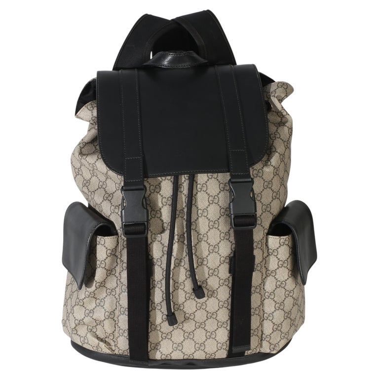 Gucci Beige Black GG Supreme Canvas Double Buckle Backpack