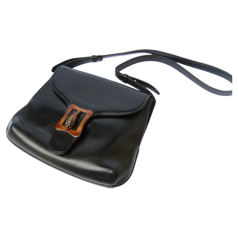 GUCCI Italy Extremely Rare Sterling Tiger Emblem Black Leather Handbag c 1970s
