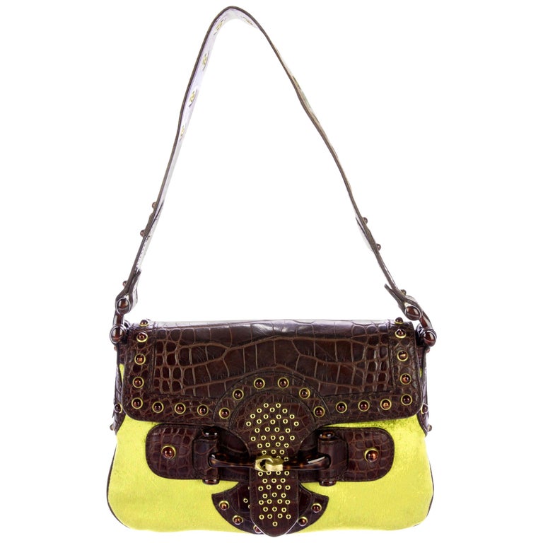 UNWORN Gucci Y2K Studded Crocodile and Velvet Horsebit Handbag Purse