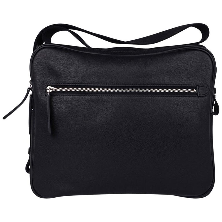 Hermes Hebdo Reporter Messenger Bag Black Evergrain Palladium New