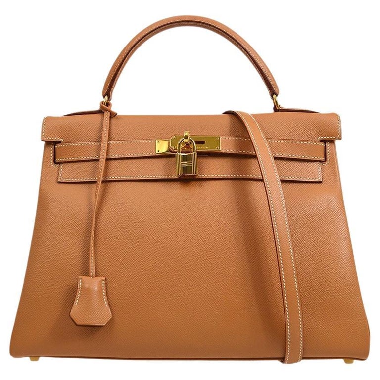 HERMES Kelly 32 Tan Beige Cognac Natural Gold Top Handle Shoulder Tote Bag