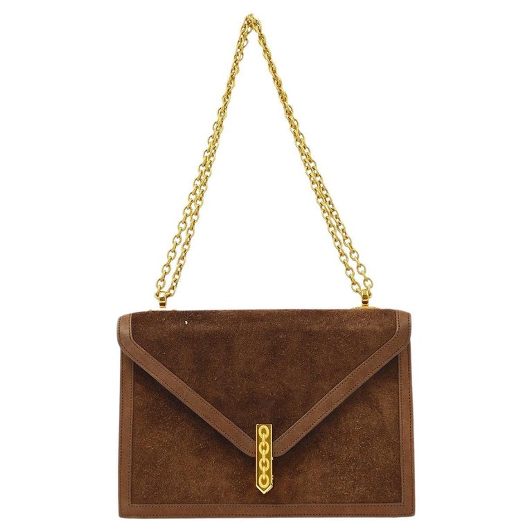 HERMES Chocolate Brown Suede Leather Gold Evening Top Handle Shoulder Flap Bag