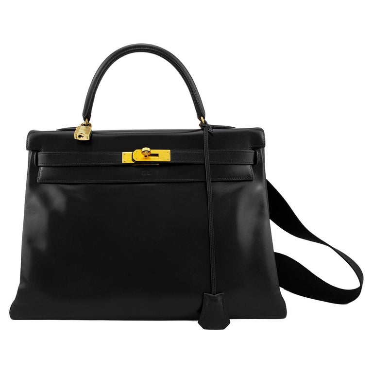 1992 Hermes Black 35cm Kelly Supple Box Bag with Thick Strap