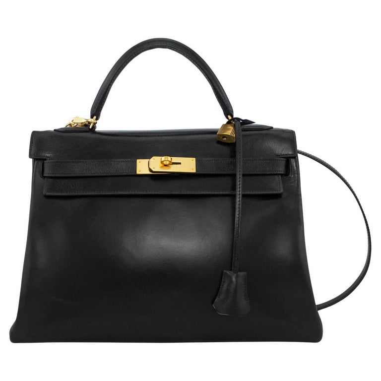 1970 Hermes Black Supple Box Leather Kelly Bag