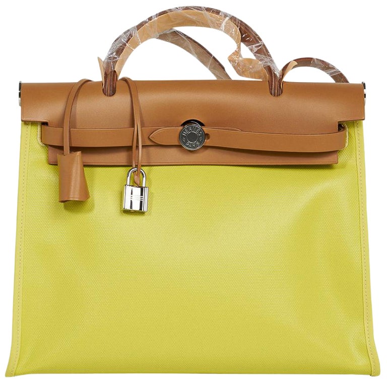 Hermes Herbag Zip Lime PM 31 Toile Berline / Vache Hunter Leather
